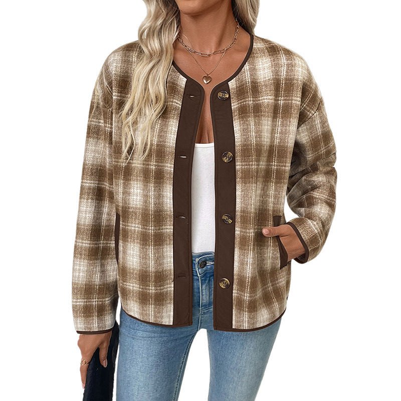 Damen Kariertes Übergangsjacke mit Rundhals, Kontrastbesatz und Knopfleiste Nord Taschen