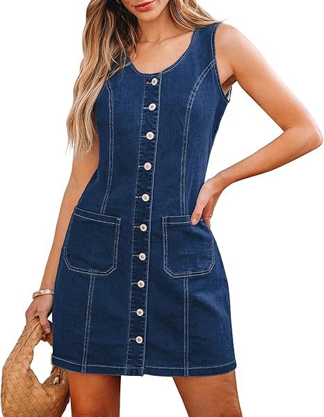 Damen Ärmelloses Jeans-Minikleid mit durchgehender Knopfleiste und aufgesetzten Taschen Nord Taschen