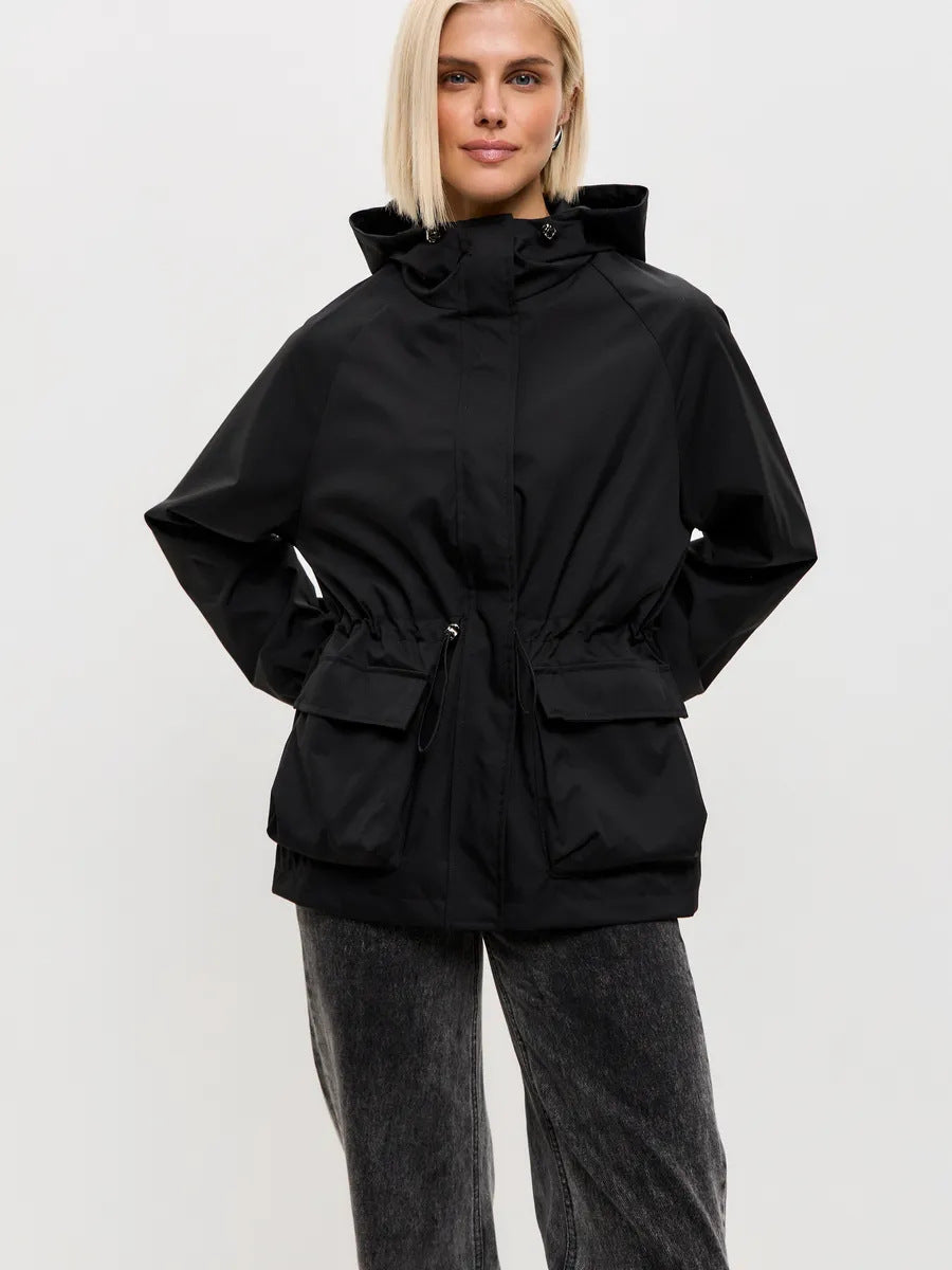 Damen wasserdichte Parka-Jacke mit Kapuze, Tunnelzugtaillierung und XXL-Klappentaschen Nord Taschen