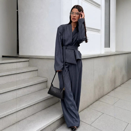 Damen Elegantes Wickelblazer-Set mit Taillengürtel und weiter Bundfaltenhose Nord Taschen