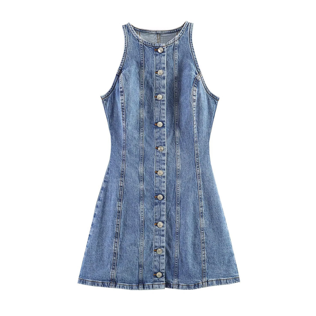 Damen Ärmelloses Jeanskleid mit figurbetonter Teilungsnaht, A‑Linie und durchgehender Knopfleiste Nord Taschen