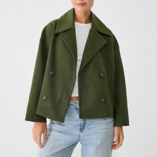 Damen Kurzer Zweireihiger Wollmix-Peacoat mit übergroßem Revers Nord Taschen