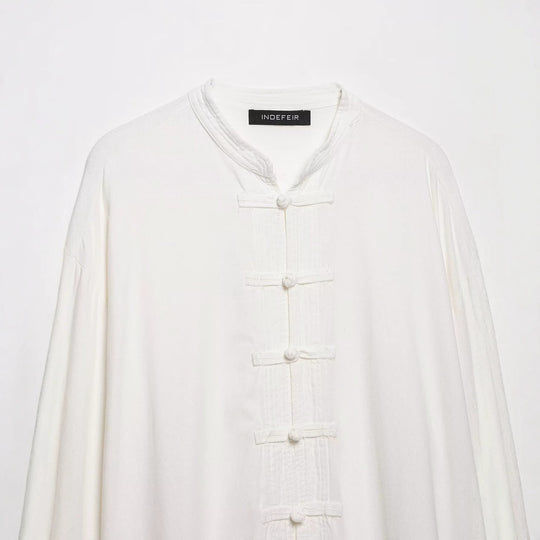 Damen Oversize Tunika‑Bluse im asiatisch inspirierten Stil mit Stehkragen und Zierknotenverschlüssen Nord Taschen