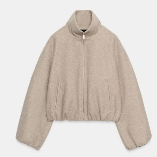 Damen Kurz geschnittene Bouclé‑Blousonjacke mit Stehkragen, elastischem Saum und Ballonärmeln Nord Taschen