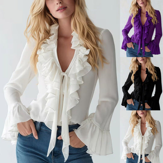 Damen Elegantes Oberteil mit Volants und tiefem V-Ausschnitt - Arvani
