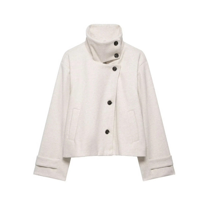 Damen Cropped Wollmix-Kurzjacke mit hohem Stehkragen, asymmetrischer Knopfleiste und Krempelmanschetten Nord Taschen