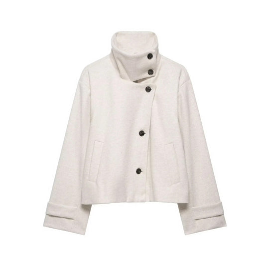 Damen Cropped Wollmix-Kurzjacke mit hohem Stehkragen, asymmetrischer Knopfleiste und Krempelmanschetten Nord Taschen