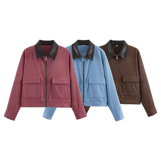 Damen Cordjacke mit Kontrast-Kragen, Reißverschluss und aufgesetzten Taschen Nord Taschen