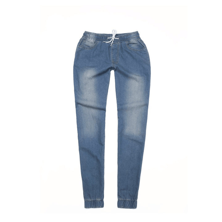 Damen schmal geschnittene Denim-Jogginghose mit Elastikbund, Tunnelzug und elastischen Beinbündchen Nord Taschen
