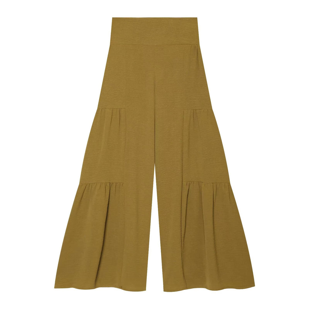 Damen Stufige Wide‑Leg Jersey‑Hose mit hoher Bundpassform und Volantdetails Nord Taschen
