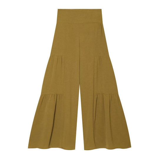 Damen Stufige Wide‑Leg Jersey‑Hose mit hoher Bundpassform und Volantdetails Nord Taschen