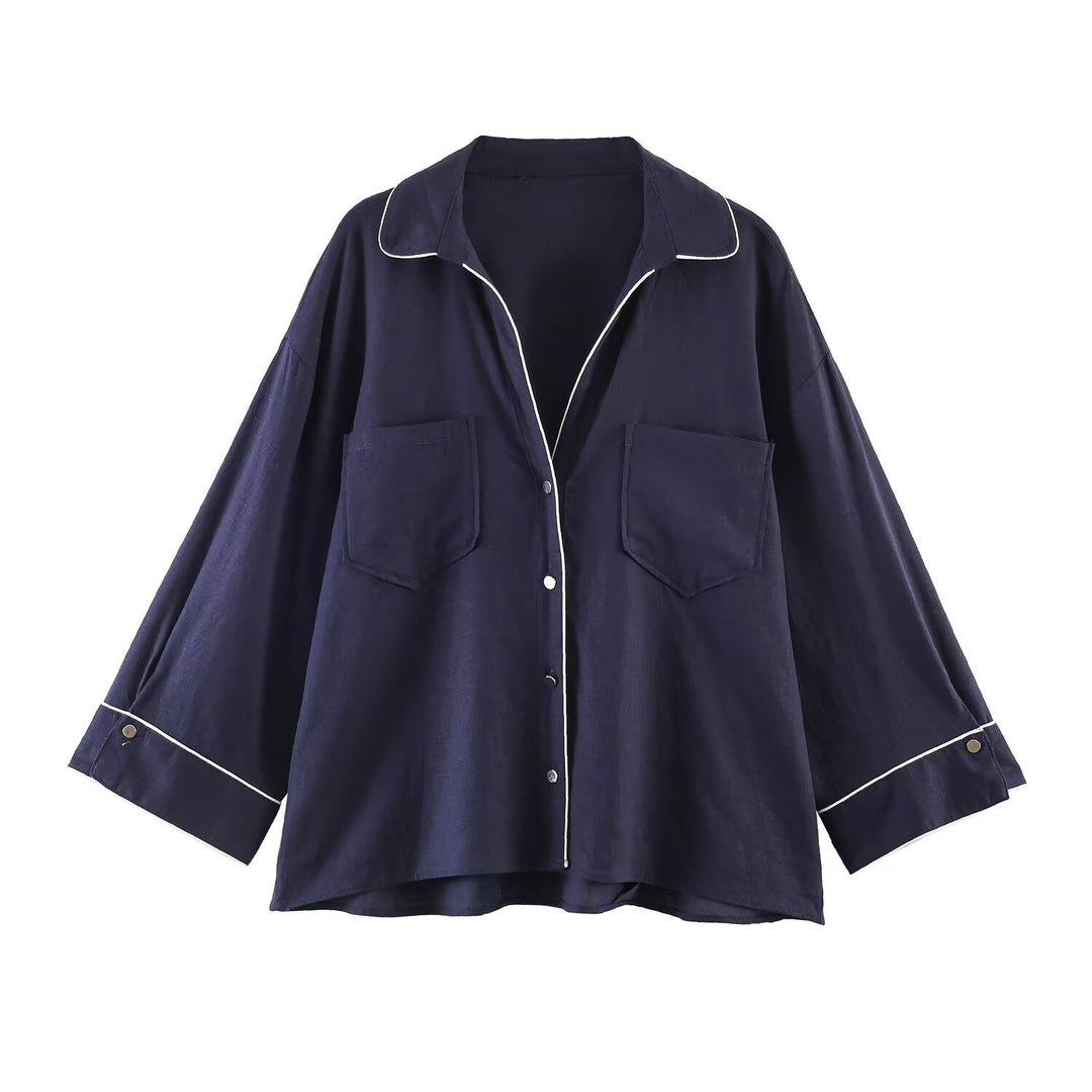 Damen Pyjama-inspirierte Oversize-Hemdbluse mit Kontrastpaspel und Brusttaschen Nord Taschen