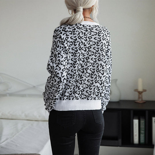 Damen Leichter Strukturstrick-Pullover mit Leoparden-Jacquard und geripptem Rundhalsausschnitt Nord Taschen