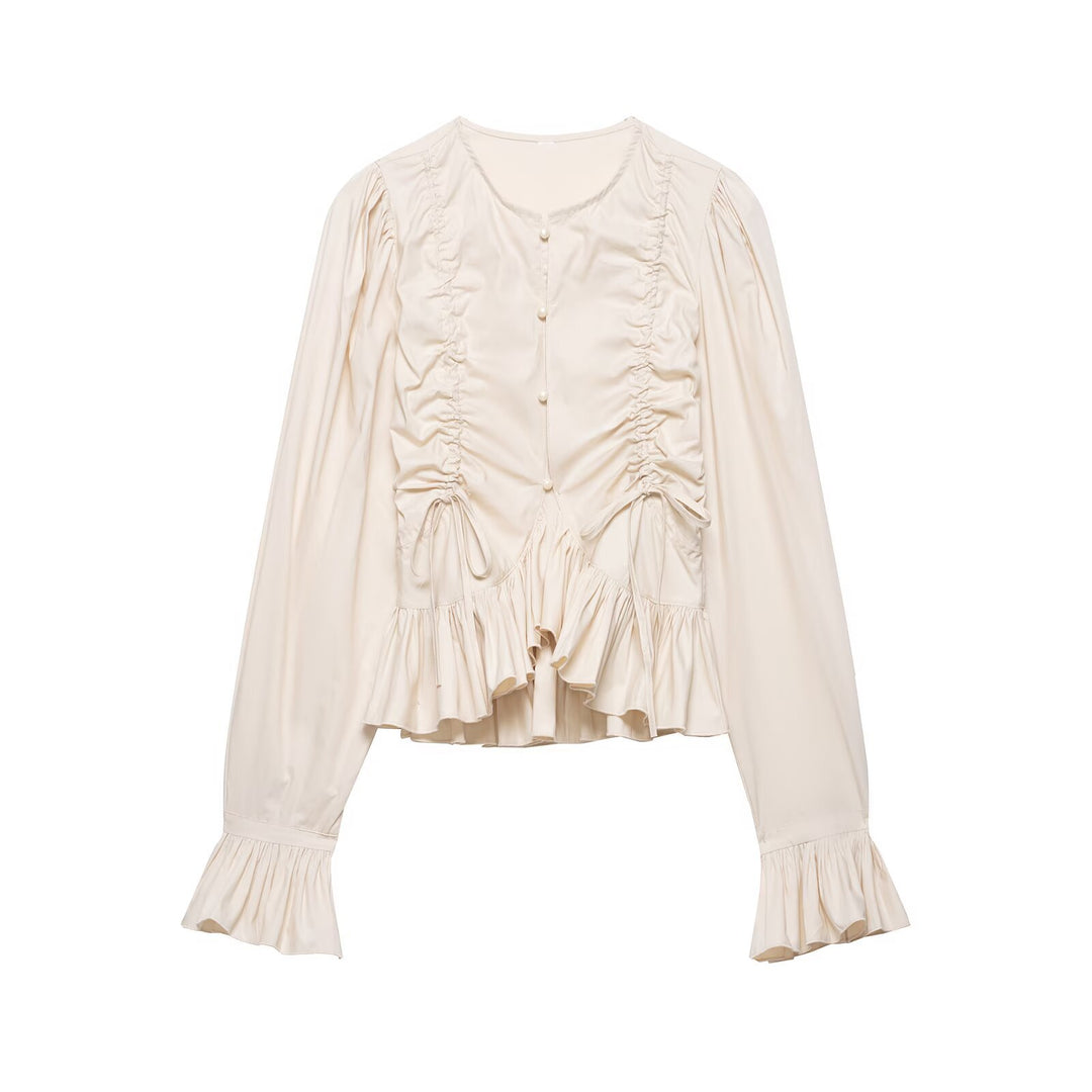 Damen Rüschige Bluse mit Kordelzug, Ballonärmeln und Volant-Saum Nord Taschen