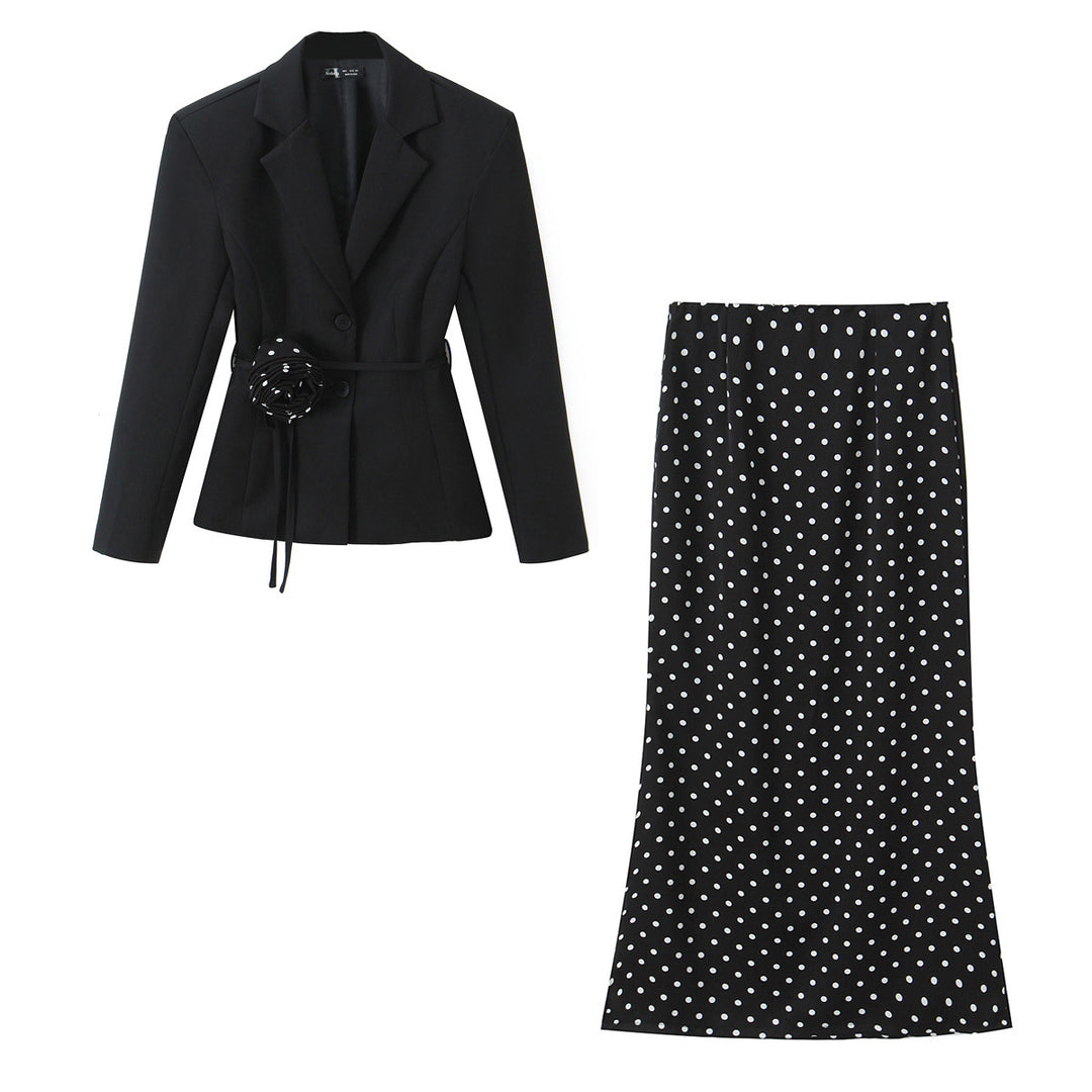 Damen Zweiteiliges tailliertes Blazer- und Midaxi-Rock-Set mit Rosenapplikation am Gürtel und Polka-Dot‑Rock Nord Taschen