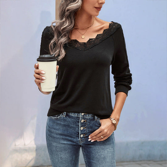 Damen Feinstrick-Longsleeve mit Spitzen-V-Ausschnitt und Spitzenbesatz an den Ärmeln Nord Taschen