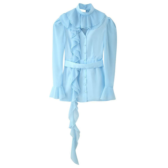 Damen Rüschenbluse mit Stehkragen, Volantdetails und Taillengürtel Nord Taschen
