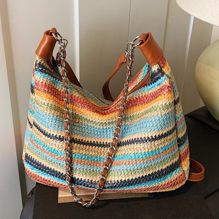 Damen Hobo Tasche aus gewebtem Material mit dekorativem Kettenriemen Nord Taschen