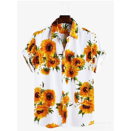 Herren Kurzarmhemd mit farbenfrohem Sonnenblumenmuster und leichtem Baumwollstoff