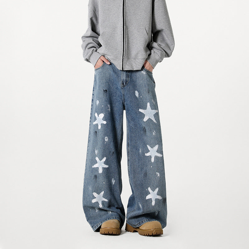 Damen Extraweite Baggy-Jeans mit Sternprint, Distressed-Details und weitem Bein Nord Taschen