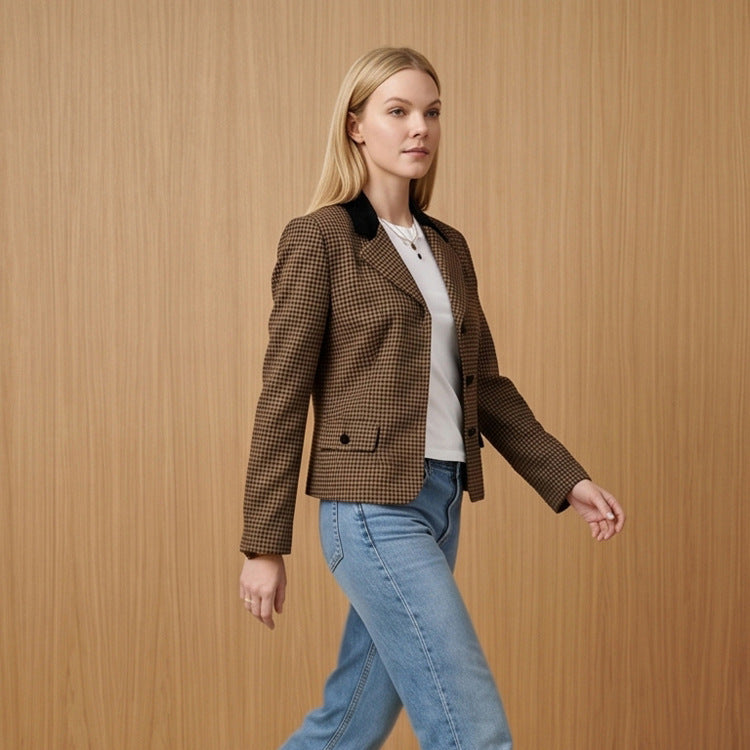Damen Taillierter Hahnentritt-Blazer mit Samtkragen und Zweiknopfleiste Nord Taschen