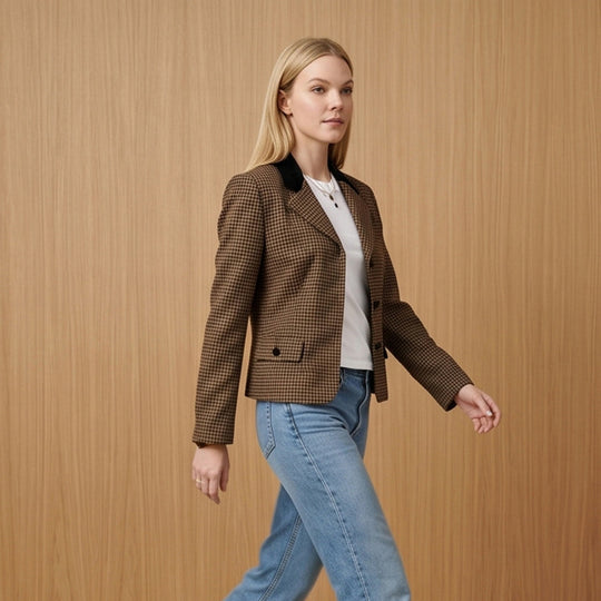 Damen Taillierter Hahnentritt-Blazer mit Samtkragen und Zweiknopfleiste Nord Taschen