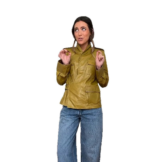 Damen Lederimitat-Utility-Jacke mit Stehkragen, Brustklappen & verdecktem Reißverschluss Nord Taschen