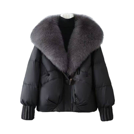 Damen nan kurze wattierte Steppjacke mit voluminösem Kunstfellkragen und Taillenzug Nord Taschen