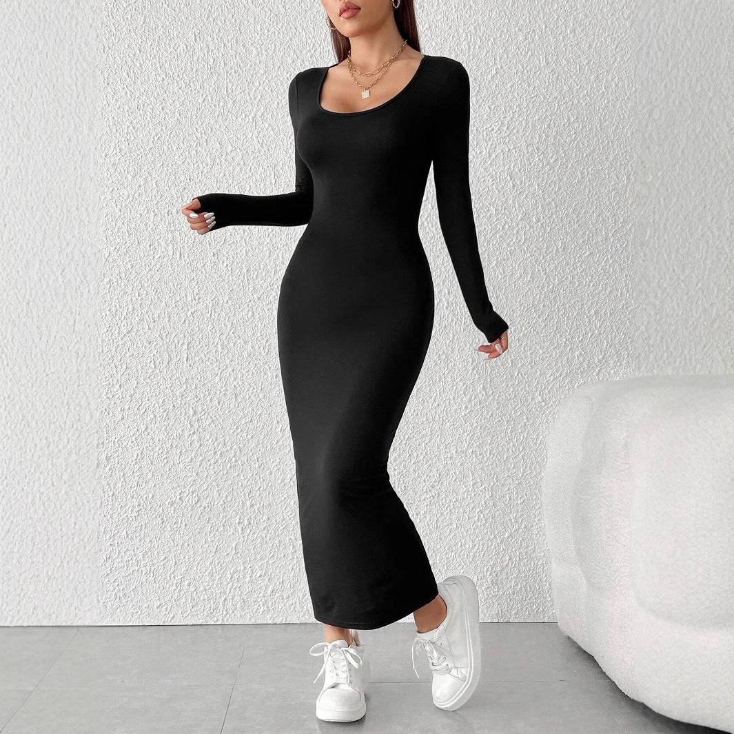 Damen figurbetontes langärmeliges Maxikleid mit tiefem Rundhalsausschnitt formendem Stretch-Jersey und knöchellanger Silhouette Nord Taschen