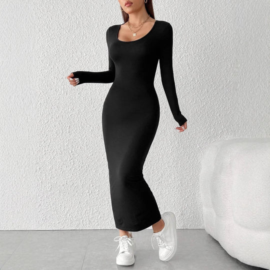 Damen figurbetontes langärmeliges Maxikleid mit tiefem Rundhalsausschnitt formendem Stretch-Jersey und knöchellanger Silhouette Nord Taschen