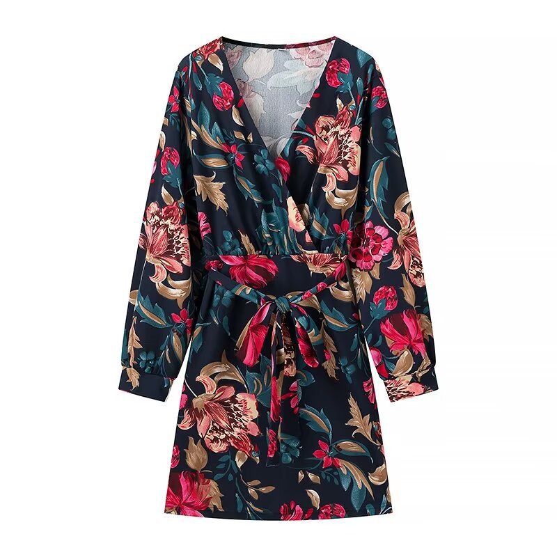 Damen Wickel‑Minikleid mit floralem Alloverprint, V‑Ausschnitt und Taillenband Nord Taschen