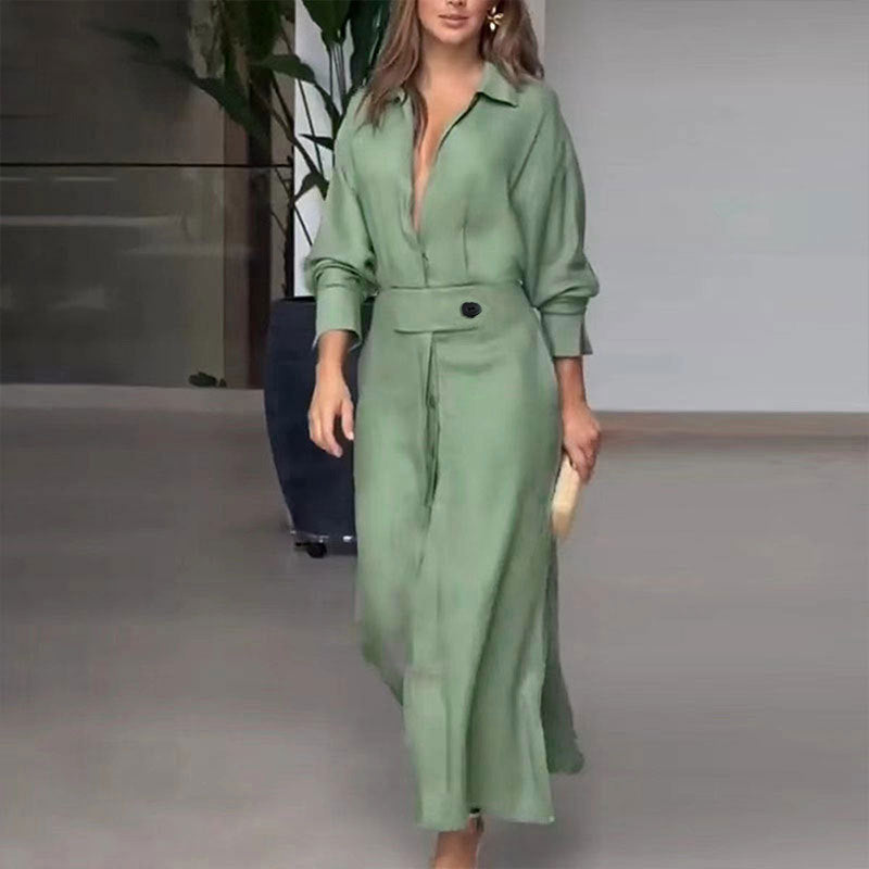 Damen Leinen-Maxikleid mit Hemdkragen, Taillengürtel und seitlichen Beinschlitzen Nord Taschen