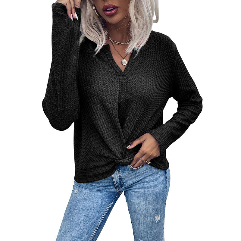 Damen Waffelstrick-Longsleeve mit V‑Ausschnitt und Knotenfront Nord Taschen