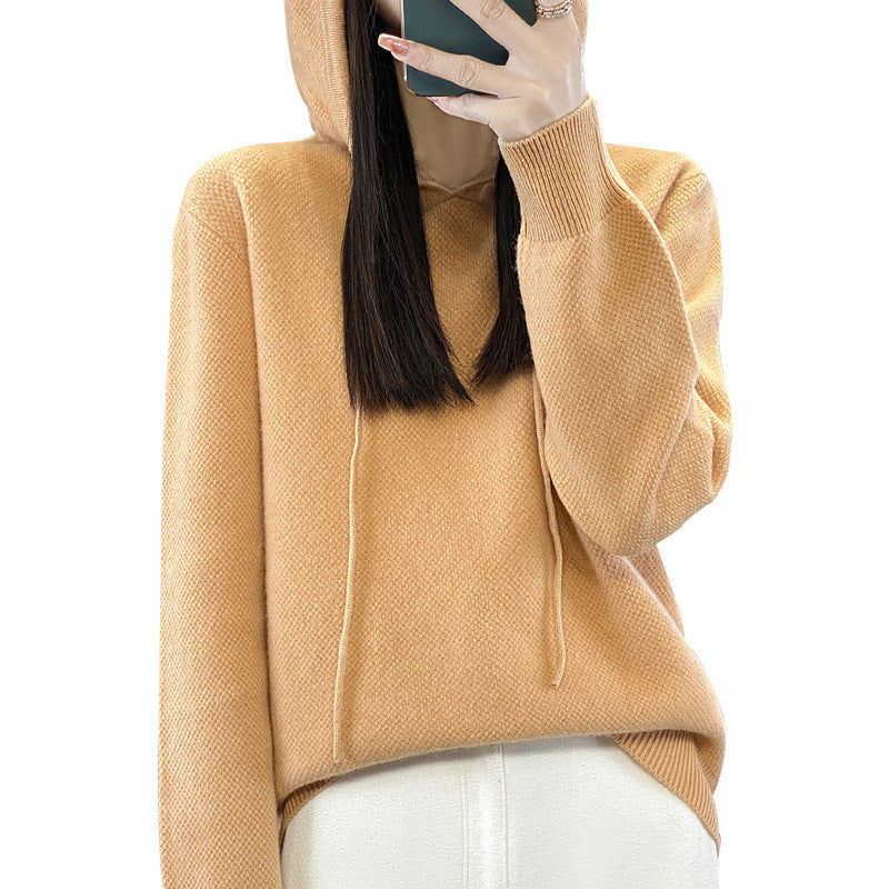 Damen weicher Feinstrick‑Kapuzensweater mit melierter Struktur und gerippten Bündchen Nord Taschen