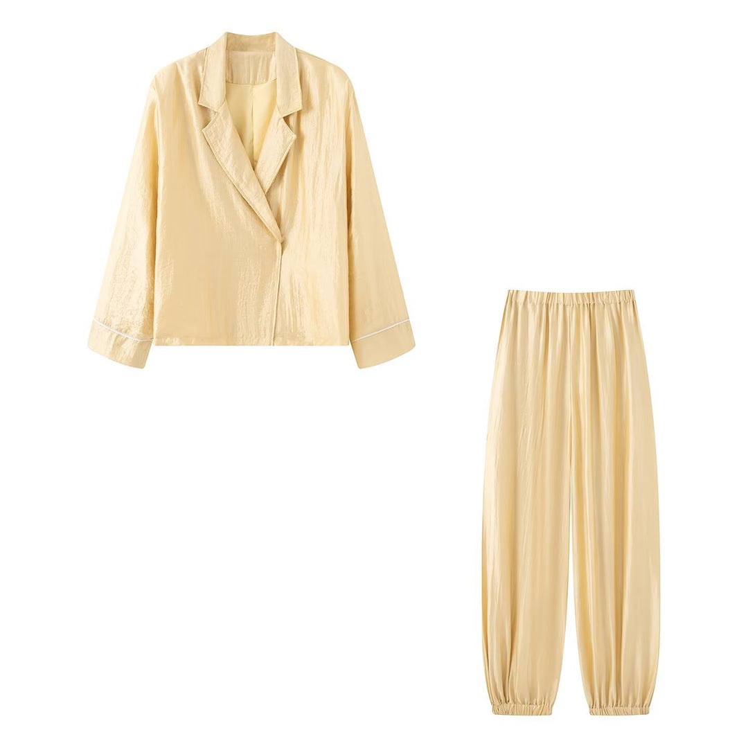 Damen Zweiteiliges Satin-Pyjama-Set mit Blazer-Oberteil und elastischer Bundhose Nord Taschen