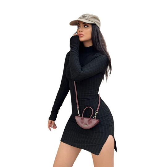 Damen Enganliegendes Rippstrick-Minikleid mit Rollkragen und langen Ärmeln Nord Taschen