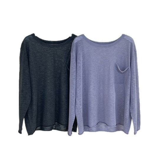 Damen Weites leichtes Feinstrick-Longsleeve mit Brusttasche und Rundhalsausschnitt Nord Taschen
