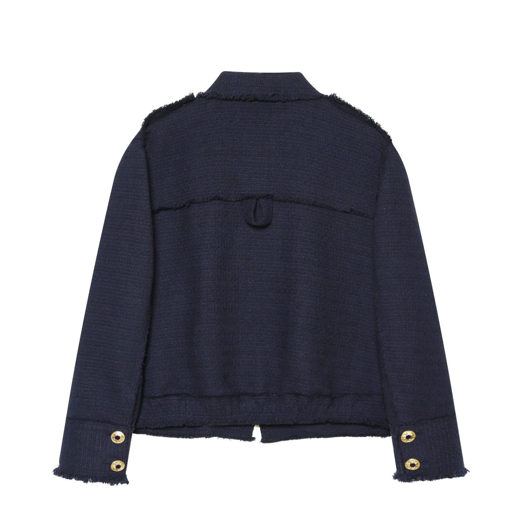 Damen Bouclé‑Tweed Kurzblouson mit Fransen‑Detail, Pattentaschen und Schulterpatten Nord Taschen
