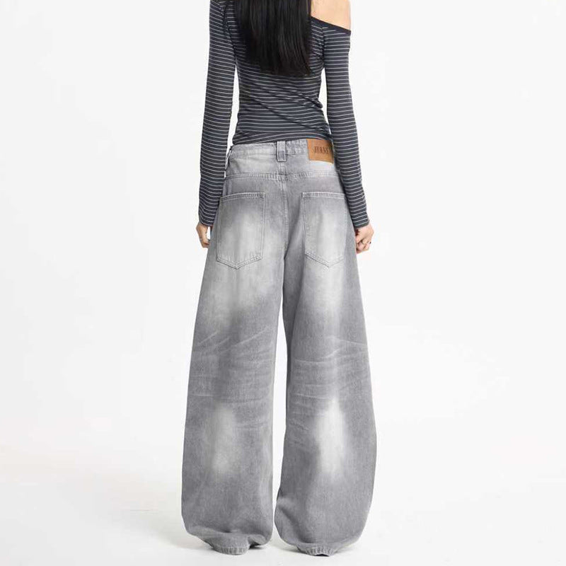 Damen Ultraweite Bodenlange Denim-Palazzohose mit tiefem Schritt und Vintage-Fade Nord Taschen