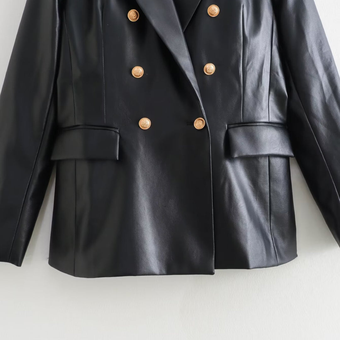 Damen Doppelreihiger Kunstleder-Blazer mit goldfarbenen Zierknöpfen und Pattentaschen Nord Taschen