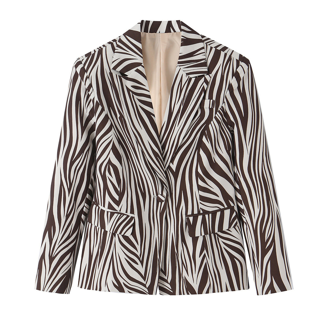 Damen Taillierter Zebra-Print Blazer mit Reverskragen und Pattentaschen Nord Taschen