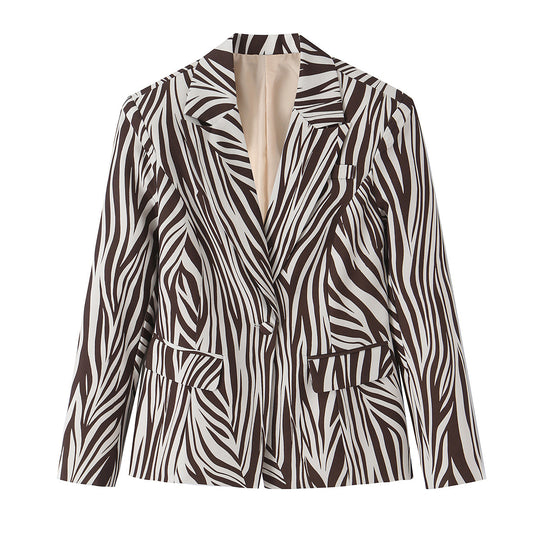 Damen Taillierter Zebra-Print Blazer mit Reverskragen und Pattentaschen Nord Taschen