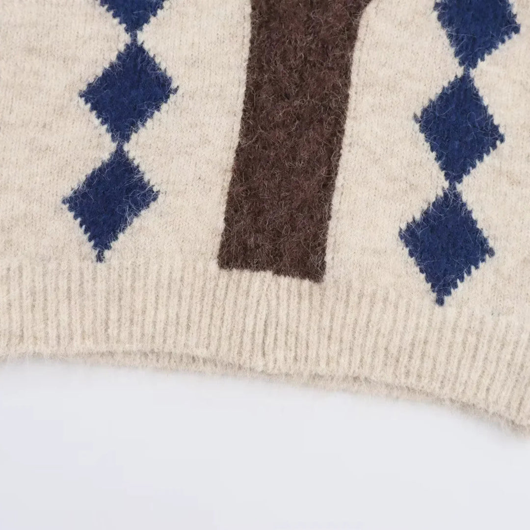 Damen Argyle-Strickweste mit V-Ausschnitt und flauschiger Mohair-Optik Nord Taschen