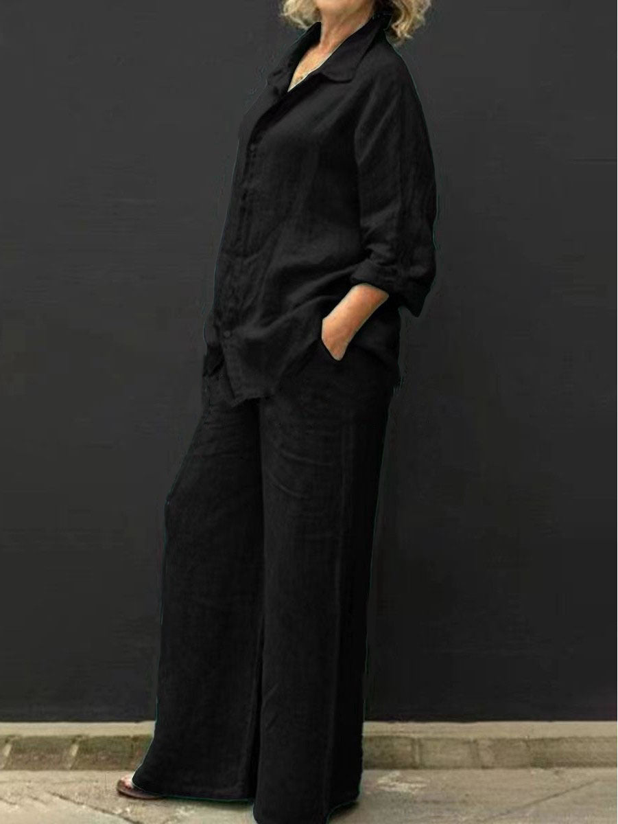Damen Entspanntes Leinen-Set mit Oversize-Hemd und weiter Palazzo-Hose Nord Taschen