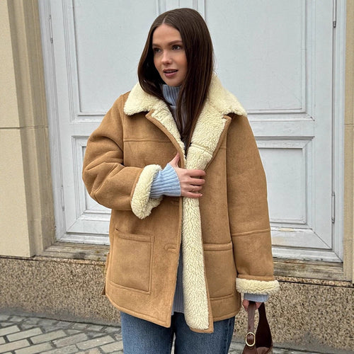 Damen Boxy Lammfell-Optik Mantel mit umgeschlagenem Teddykragen Nord Taschen