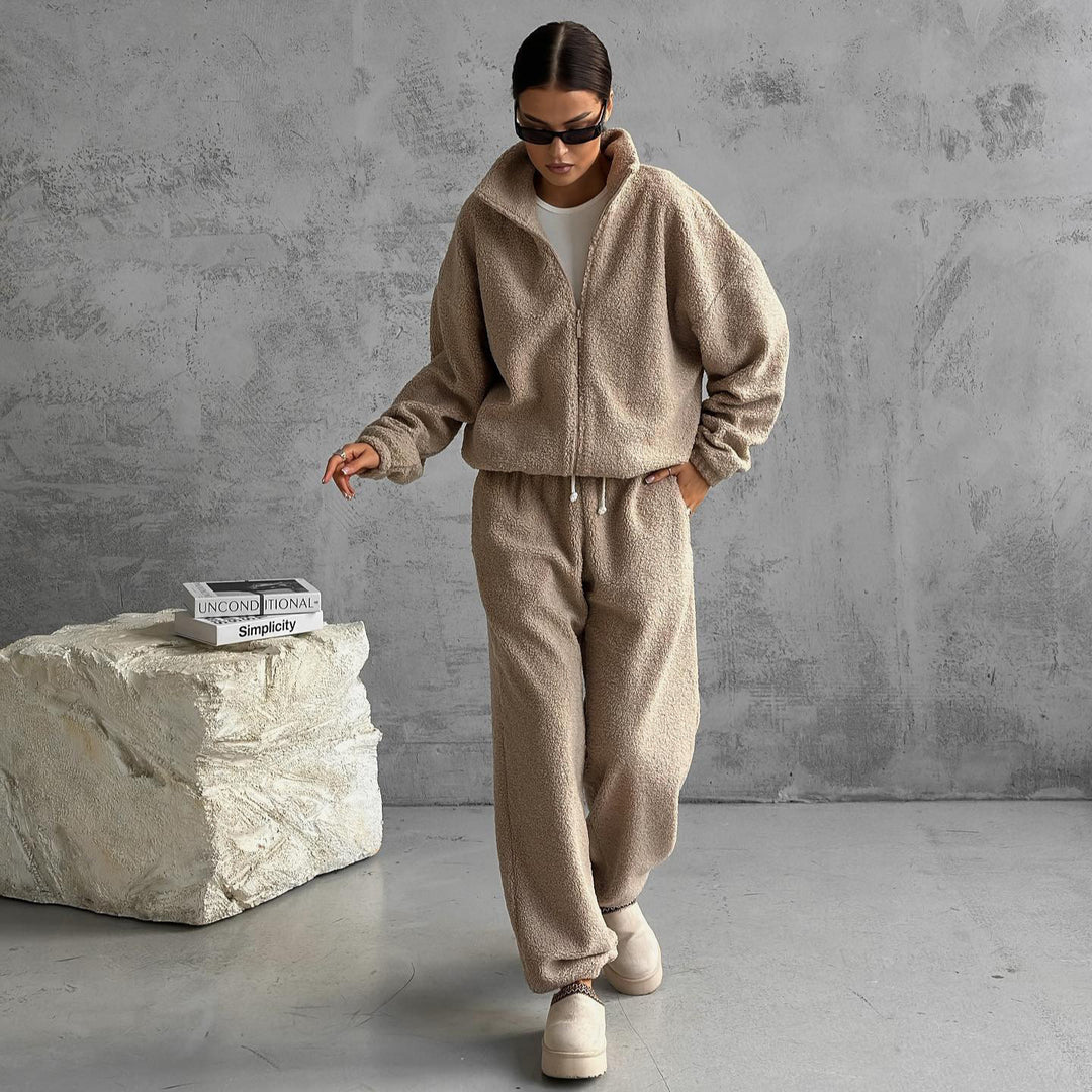 Damen Teddy-Fleece-Loungewear Set mit halbem Reißverschluss elastischem Tunnelzugbund und weitem Bein Arvani