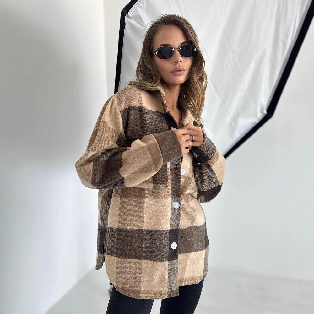 Damen Karierter Overshirt im Shacket-Stil mit Saumtaschen und Knopfverschluss Nord Taschen