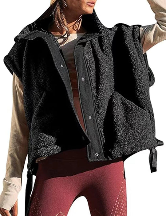 Damen Übergroße Teddyfleece-Weste mit Kapuze und Druckknöpfen Nord Taschen