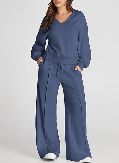 Damen Lässiges V-Ausschnitt Freizeit-Set mit weiter Jogginghose Nord Taschen
