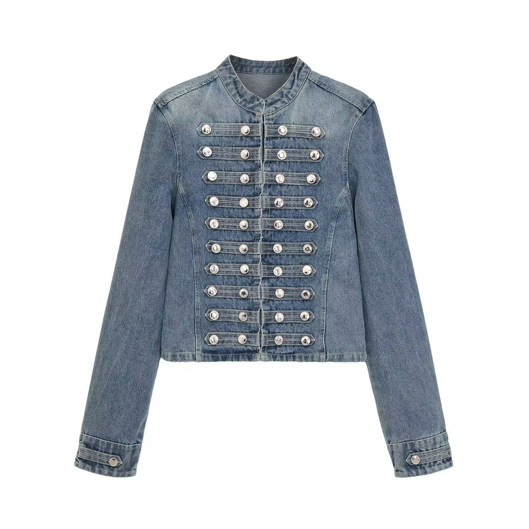 Damen Jeansjacke im Militärstil mit Stehkragen und dekorativen Zierknopfleisten Nord Taschen